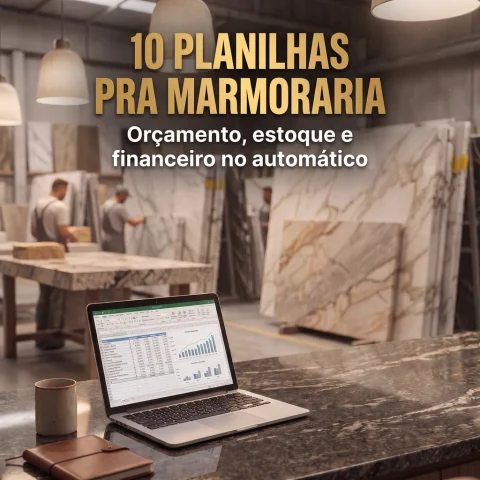 Notebook com planilha de orçamento aberta sobre bancada de granito, dentro de uma marmoraria